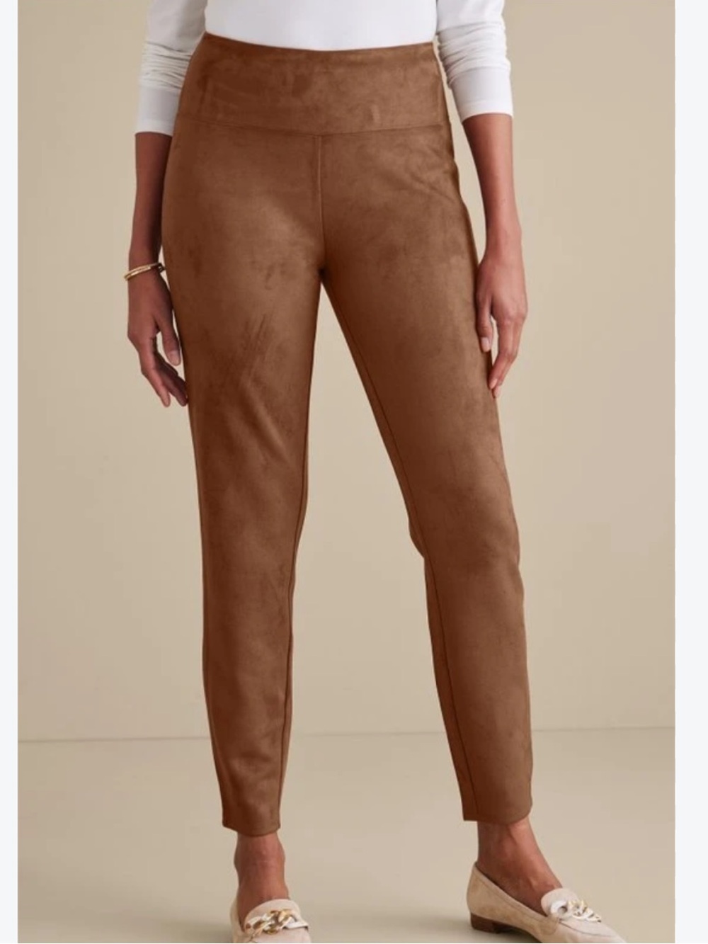 Soft Surroundings Faux Suede Pull-On Skinny Pants in Brown, Wide Waist, Sz SP